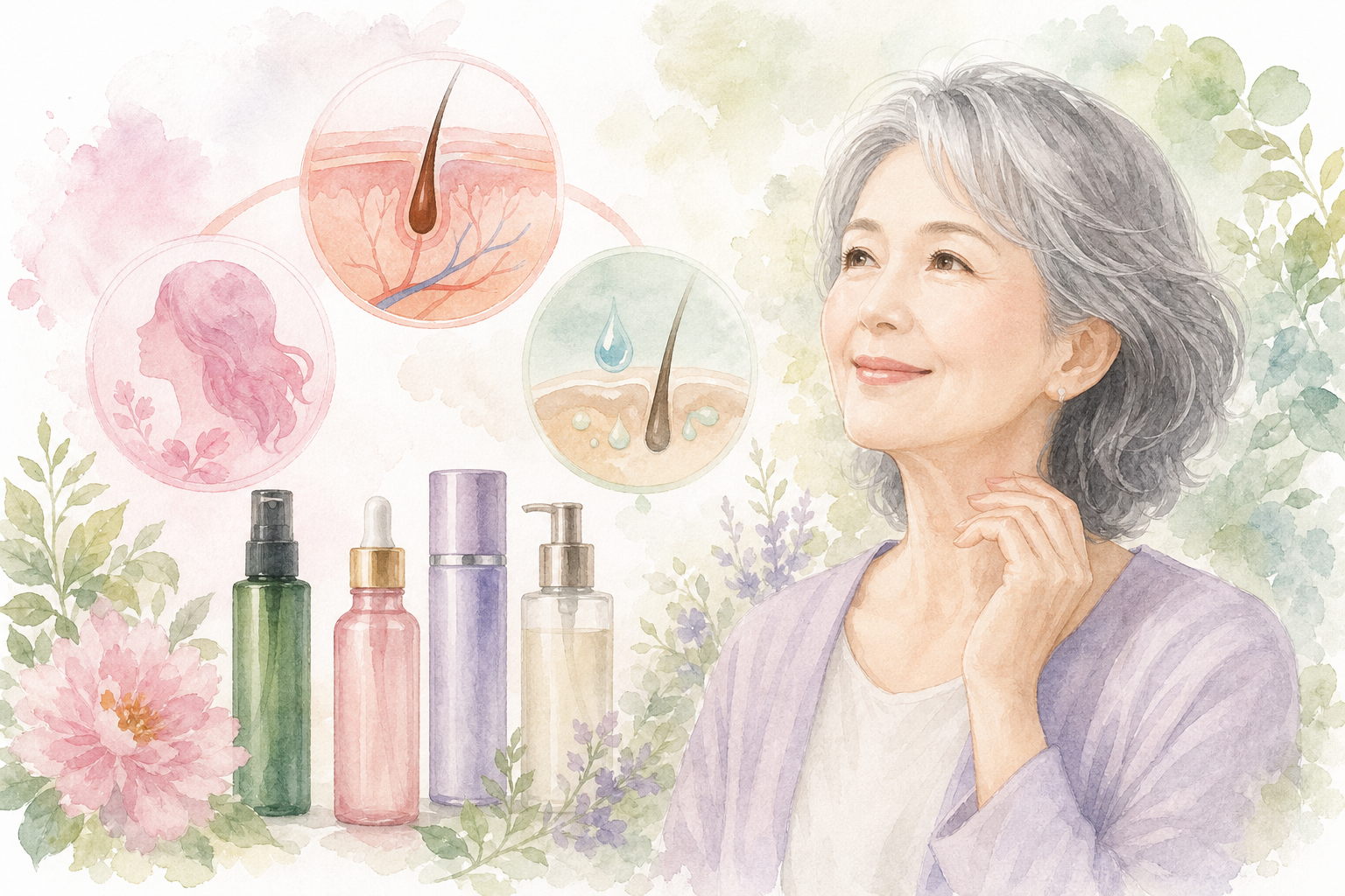 60代女性に向いている育毛剤は「女性ホルモン・血行・頭皮ケア」の3つにアプローチできる商品